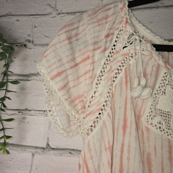 Good Hart Pink And White Striped Babydoll Top Boho With Crocheted Detail Size M - Picture 5 of 7